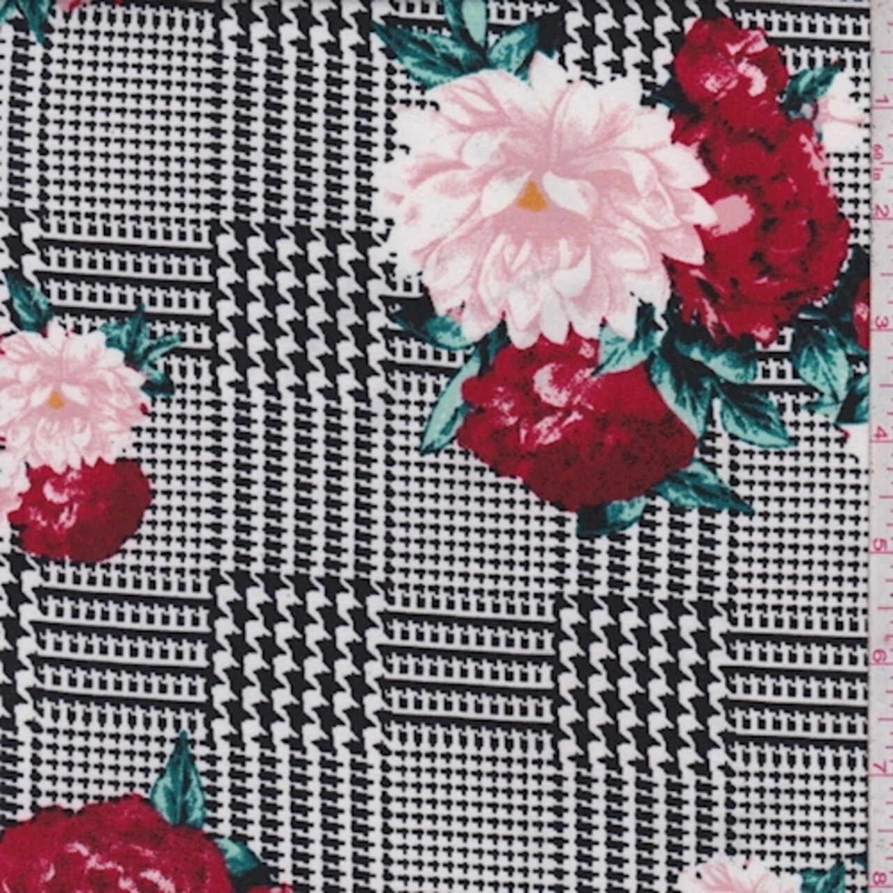 White/Pink Glen Plaid Floral Double Brushed Jersey Knit Fabric By the Yard